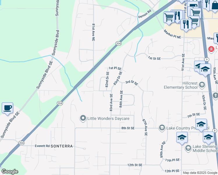 map of restaurants, bars, coffee shops, grocery stores, and more near 319 82nd Drive Southeast in Lake Stevens