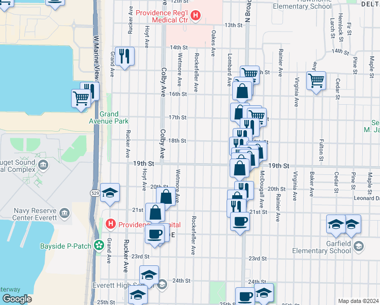 map of restaurants, bars, coffee shops, grocery stores, and more near 105 19th Street in Everett