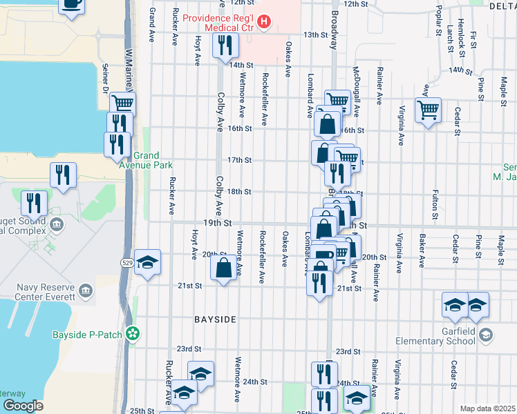 map of restaurants, bars, coffee shops, grocery stores, and more near 1816 Rockefeller Avenue in Everett