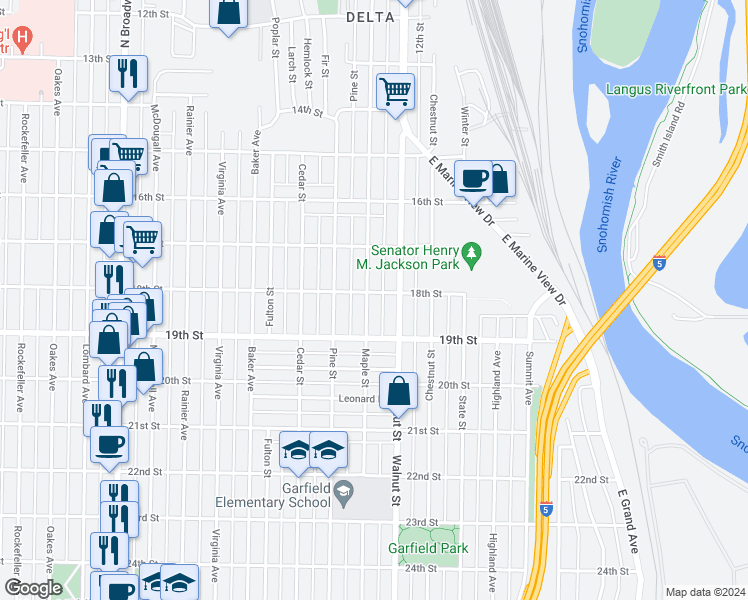 map of restaurants, bars, coffee shops, grocery stores, and more near 3004 18th Street in Everett