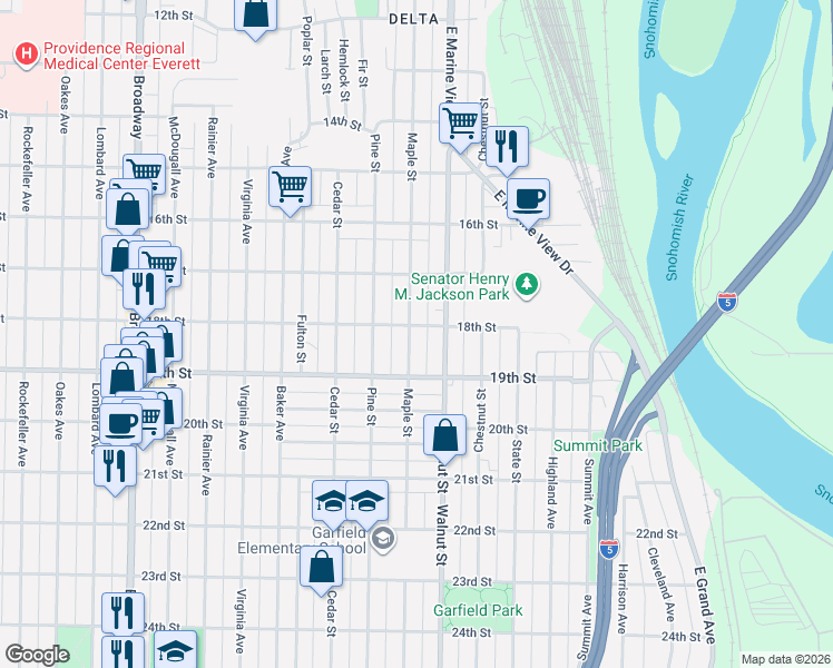 map of restaurants, bars, coffee shops, grocery stores, and more near 3004 18th Street in Everett