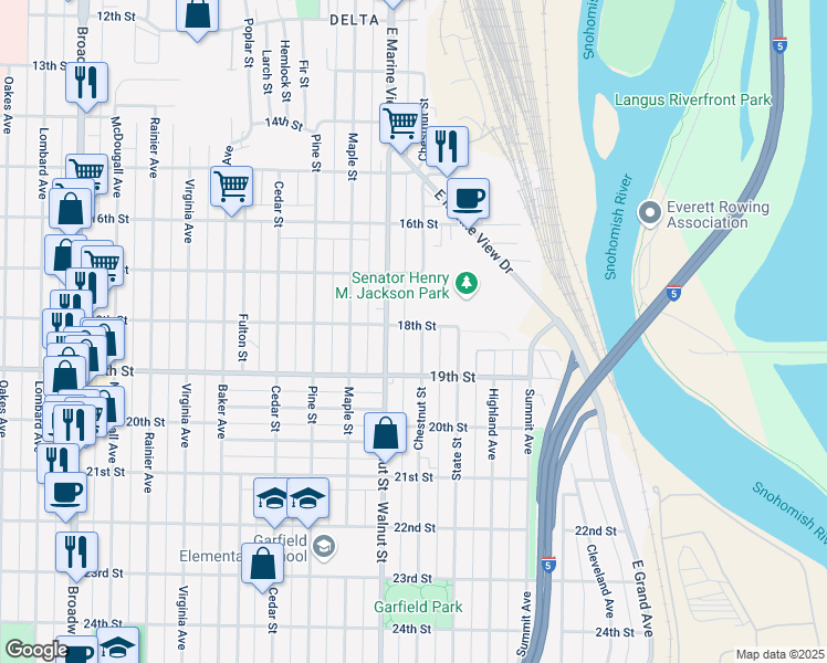 map of restaurants, bars, coffee shops, grocery stores, and more near 1721 Walnut Street in Everett