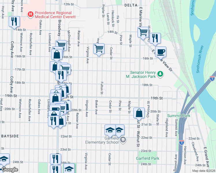map of restaurants, bars, coffee shops, grocery stores, and more near 1725 Fulton Street in Everett