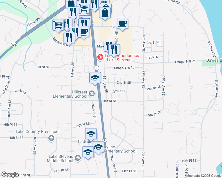 map of restaurants, bars, coffee shops, grocery stores, and more near 222 95th Drive in Lake Stevens