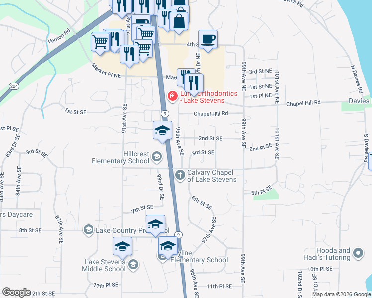 map of restaurants, bars, coffee shops, grocery stores, and more near 222 95th Drive in Lake Stevens
