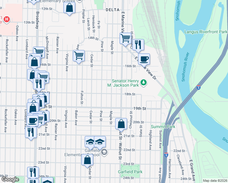 map of restaurants, bars, coffee shops, grocery stores, and more near 1721 Maple Street in Everett
