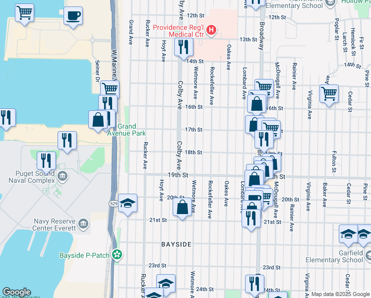map of restaurants, bars, coffee shops, grocery stores, and more near 1609 18th Street in Everett