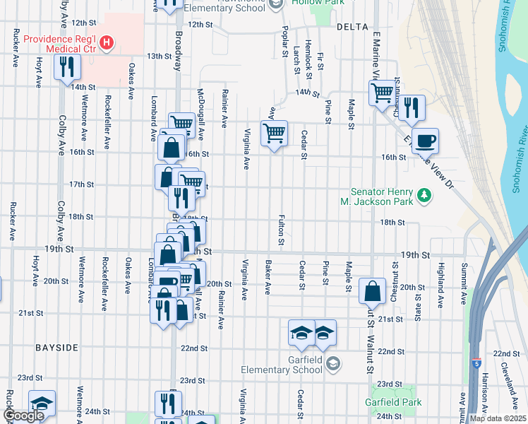map of restaurants, bars, coffee shops, grocery stores, and more near 1726 Baker Avenue in Everett