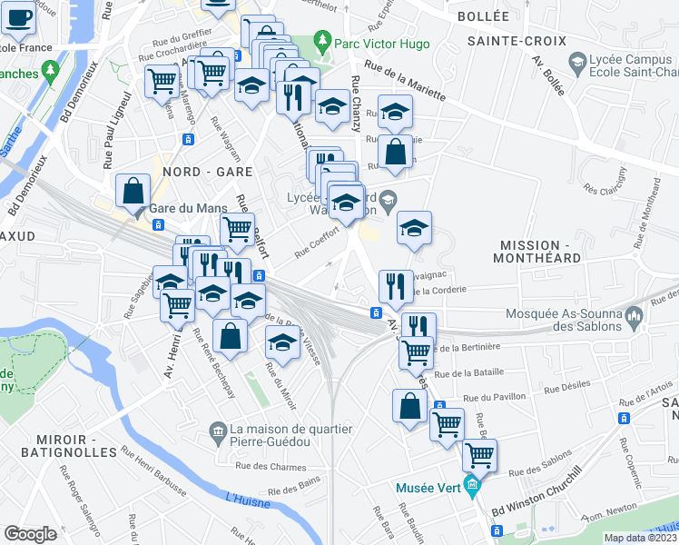 map of restaurants, bars, coffee shops, grocery stores, and more near 25 Rue de la Mission in Le Mans
