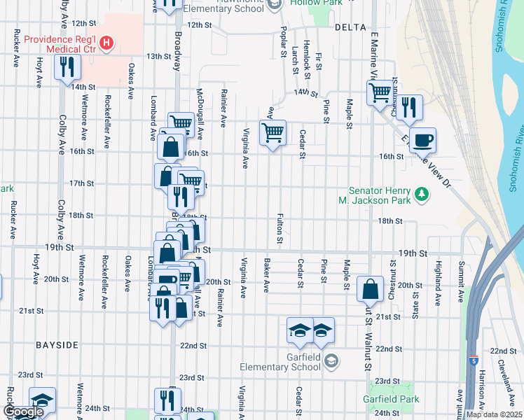 map of restaurants, bars, coffee shops, grocery stores, and more near 1726 Baker Avenue in Everett