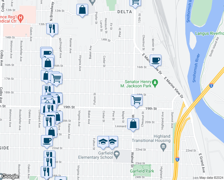 map of restaurants, bars, coffee shops, grocery stores, and more near 1726 Pine Street in Everett