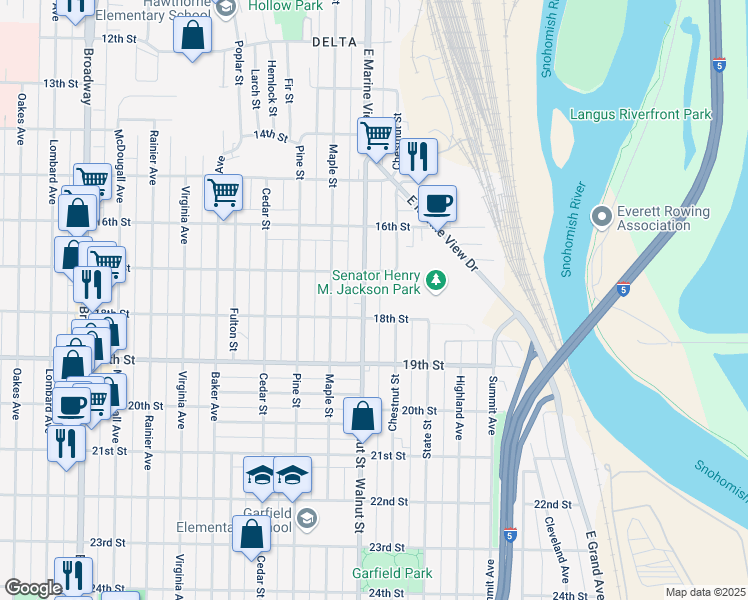 map of restaurants, bars, coffee shops, grocery stores, and more near 1721 Walnut Street in Everett