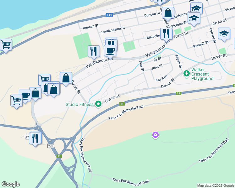 map of restaurants, bars, coffee shops, grocery stores, and more near 34 Van Horne Crescent in Campbellton