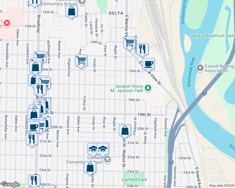 map of restaurants, bars, coffee shops, grocery stores, and more near 1721 Maple Street in Everett
