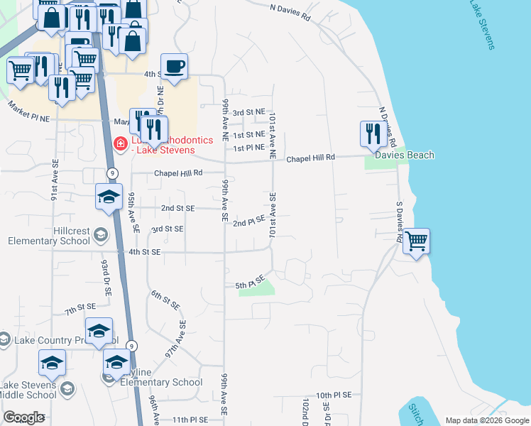 map of restaurants, bars, coffee shops, grocery stores, and more near 10025 2nd Place Southeast in Lake Stevens