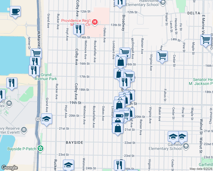 map of restaurants, bars, coffee shops, grocery stores, and more near 1721 Oakes Avenue in Everett