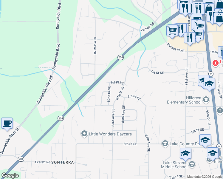 map of restaurants, bars, coffee shops, grocery stores, and more near 203 82nd Drive Southeast in Lake Stevens