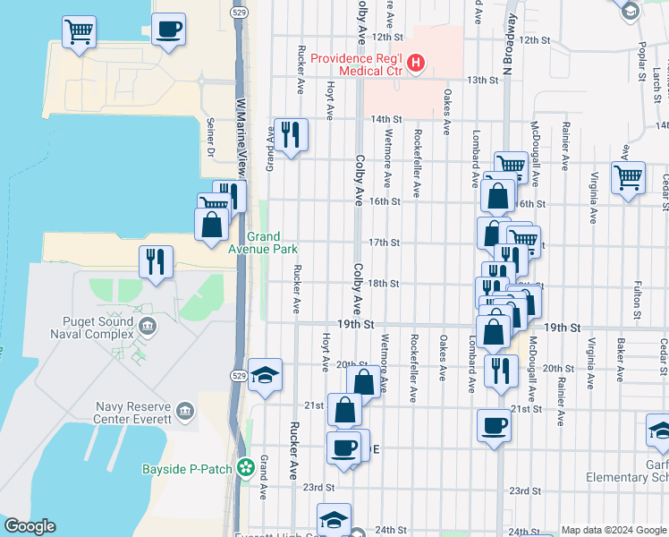 map of restaurants, bars, coffee shops, grocery stores, and more near 1721 Hoyt Avenue in Everett