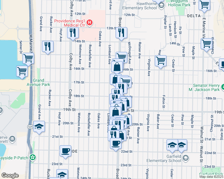 map of restaurants, bars, coffee shops, grocery stores, and more near 1731 Lombard Avenue in Everett