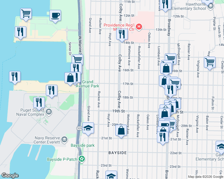 map of restaurants, bars, coffee shops, grocery stores, and more near 1713 Hoyt Avenue in Everett