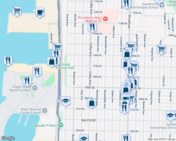 map of restaurants, bars, coffee shops, grocery stores, and more near 1714 Colby Avenue in Everett