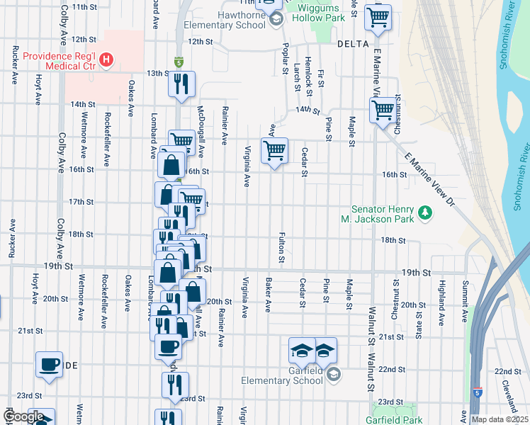map of restaurants, bars, coffee shops, grocery stores, and more near 1708 Baker Avenue in Everett