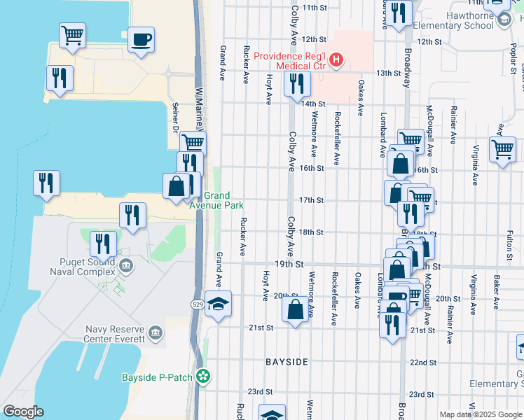 map of restaurants, bars, coffee shops, grocery stores, and more near 1712 Hoyt Avenue in Everett