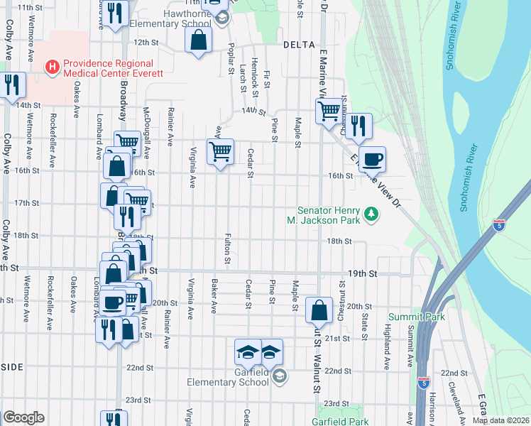 map of restaurants, bars, coffee shops, grocery stores, and more near 1725 Cedar Street in Everett