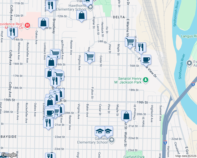map of restaurants, bars, coffee shops, grocery stores, and more near 1617 Fulton Street in Everett
