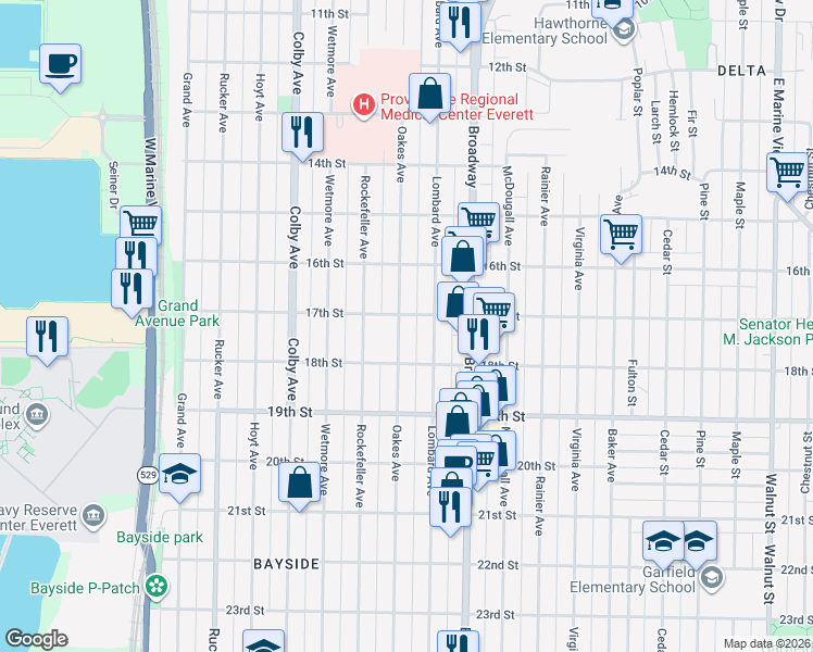 map of restaurants, bars, coffee shops, grocery stores, and more near 1705 Oakes Avenue in Everett