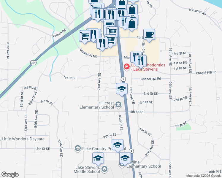 map of restaurants, bars, coffee shops, grocery stores, and more near 27 91st Avenue Southeast in Lake Stevens