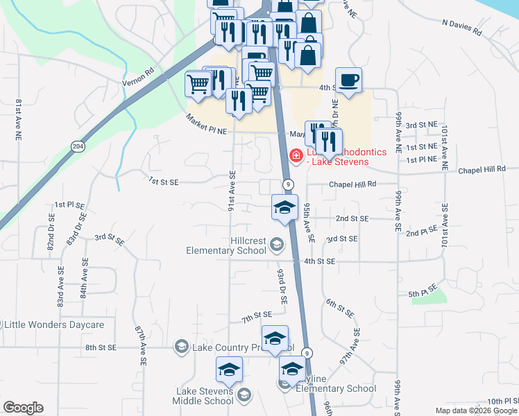map of restaurants, bars, coffee shops, grocery stores, and more near 119 91st Avenue Southeast in Lake Stevens