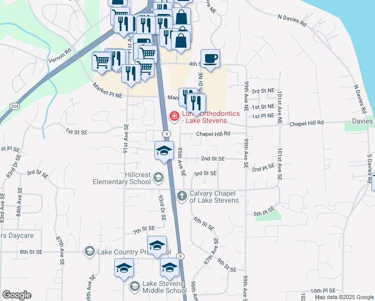 map of restaurants, bars, coffee shops, grocery stores, and more near 9516 Chapel Hill Road in Lake Stevens