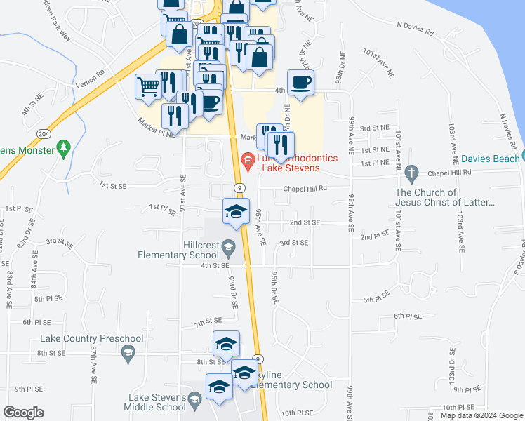map of restaurants, bars, coffee shops, grocery stores, and more near 115 95th Avenue Southeast in Lake Stevens