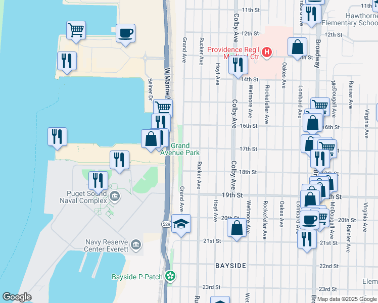 map of restaurants, bars, coffee shops, grocery stores, and more near 1703 Grand Avenue in Everett