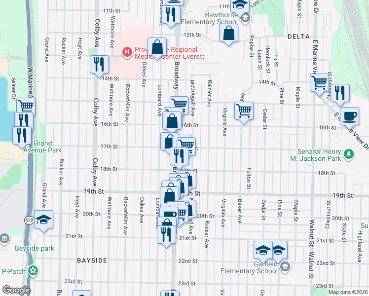 map of restaurants, bars, coffee shops, grocery stores, and more near 2152 17th Street in Everett