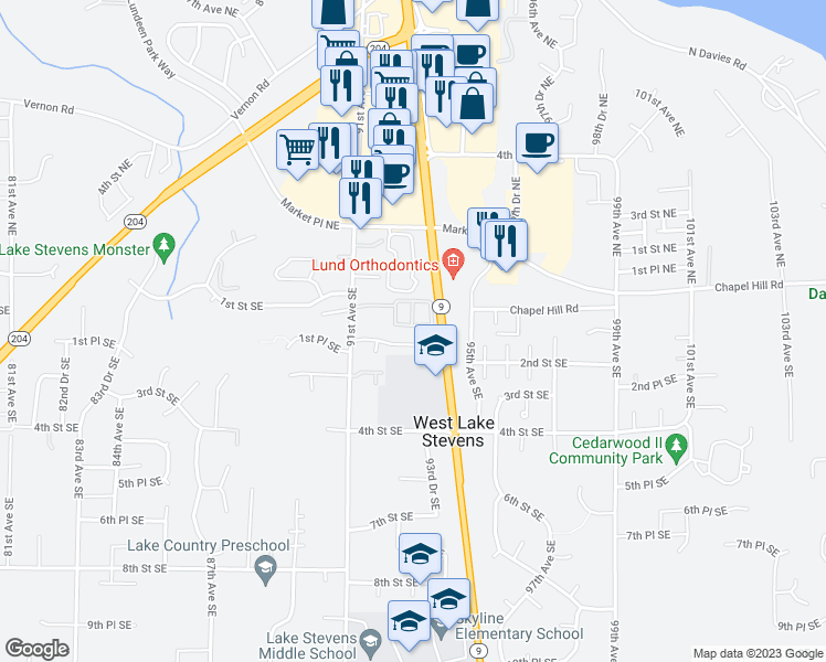 map of restaurants, bars, coffee shops, grocery stores, and more near 9220 1st Place Southeast in Lake Stevens