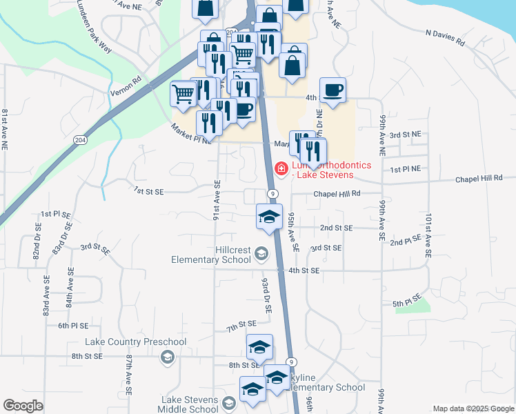 map of restaurants, bars, coffee shops, grocery stores, and more near 9224 1st Place Southeast in Lake Stevens