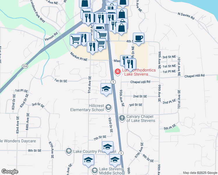 map of restaurants, bars, coffee shops, grocery stores, and more near 9232 1st Place Southeast in Lake Stevens