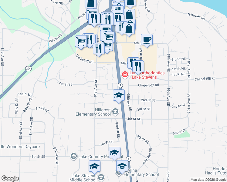 map of restaurants, bars, coffee shops, grocery stores, and more near 9232 1st Place Southeast in Lake Stevens