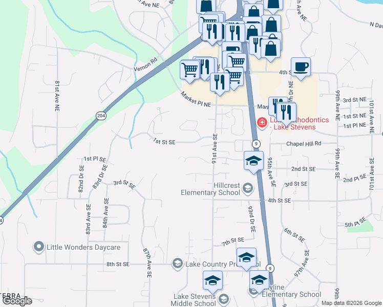 map of restaurants, bars, coffee shops, grocery stores, and more near 8913 1st Place Southeast in Lake Stevens