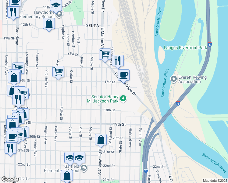 map of restaurants, bars, coffee shops, grocery stores, and more near 1619 Chestnut Street in Everett