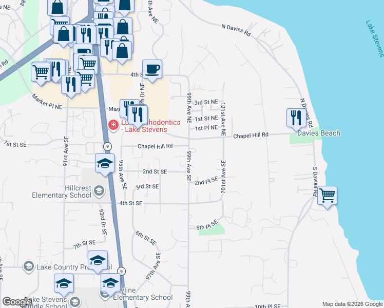 map of restaurants, bars, coffee shops, grocery stores, and more near 25 99th Avenue Southeast in Lake Stevens