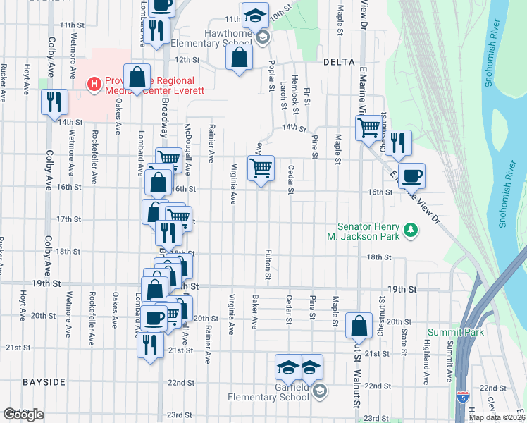 map of restaurants, bars, coffee shops, grocery stores, and more near 1617 Fulton Street in Everett