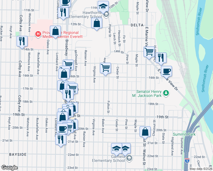 map of restaurants, bars, coffee shops, grocery stores, and more near 1617 Fulton Street in Everett