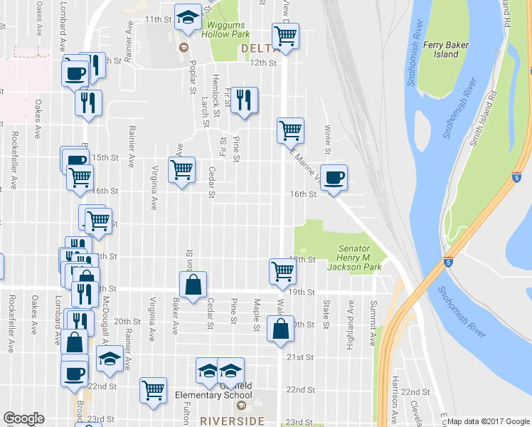 map of restaurants, bars, coffee shops, grocery stores, and more near 1619 Maple Street in Everett