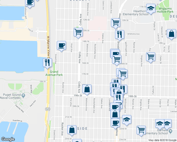 map of restaurants, bars, coffee shops, grocery stores, and more near 1627 Wetmore Avenue in Everett