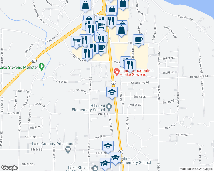 map of restaurants, bars, coffee shops, grocery stores, and more near 9221 1st Place Southeast in Lake Stevens