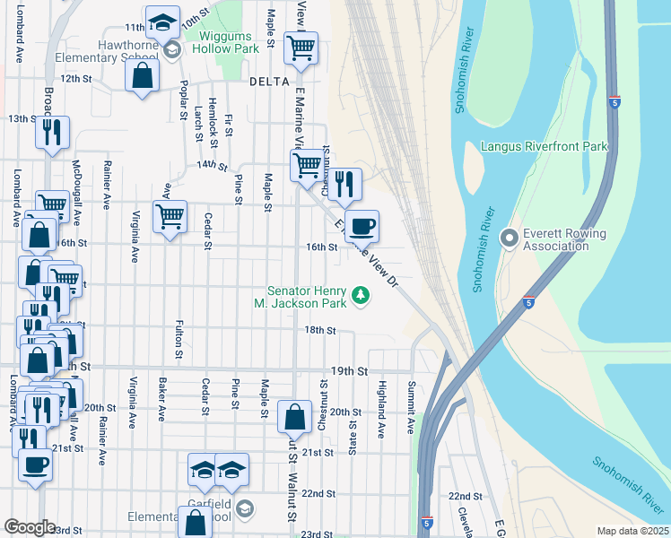 map of restaurants, bars, coffee shops, grocery stores, and more near 1619 Chestnut Street in Everett