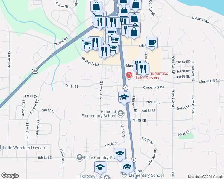 map of restaurants, bars, coffee shops, grocery stores, and more near 20 92nd Avenue Southeast in Lake Stevens